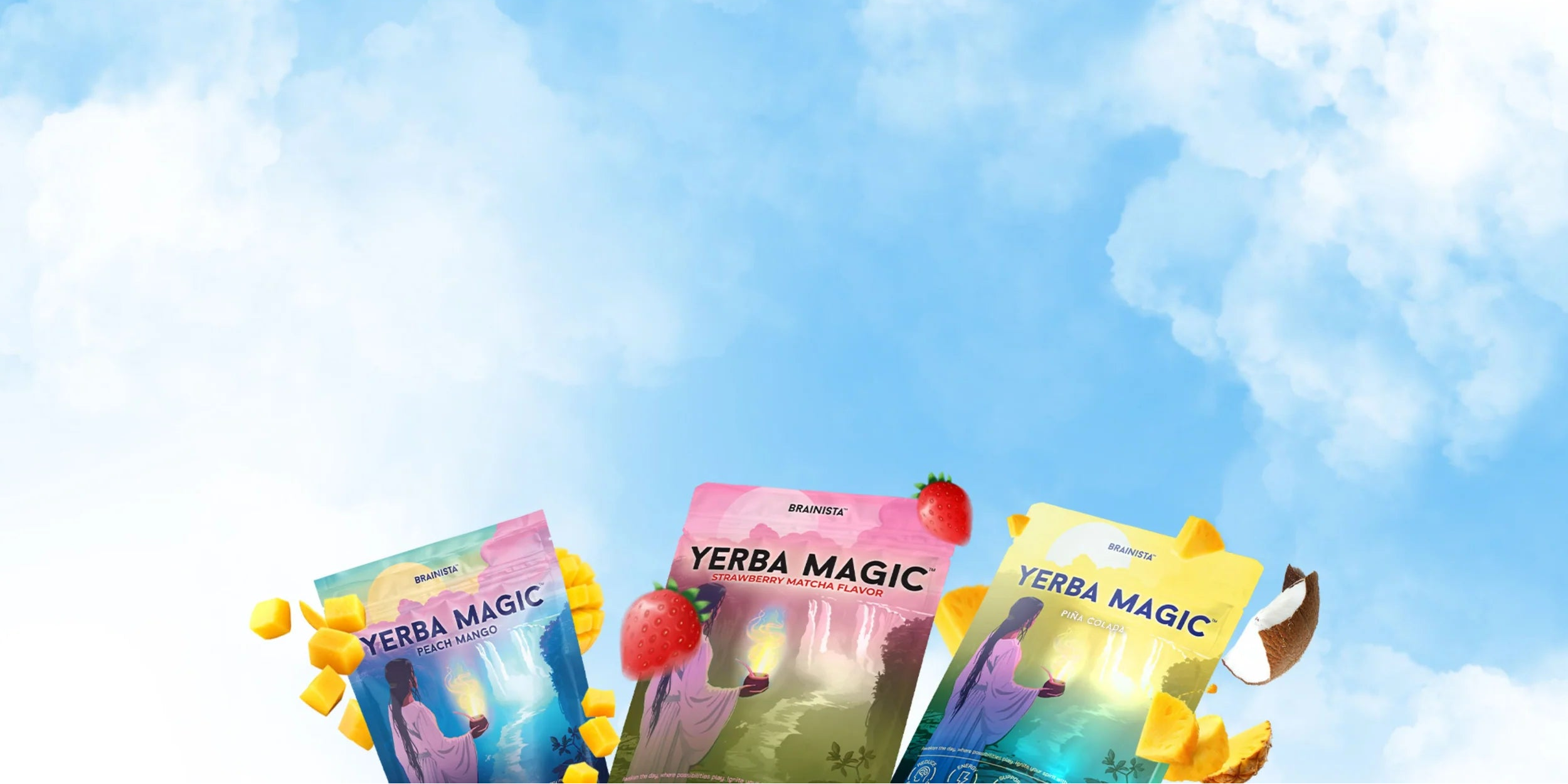 Three 'Yerba Magic' packages with colorful designs against a blue sky background